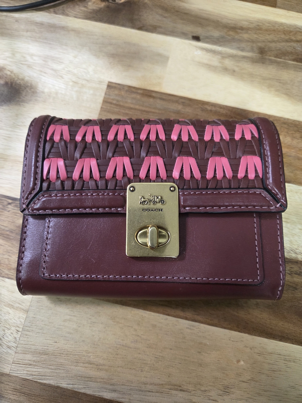 Coach Woven Leather Crossbody Wallet - Burgundy with Pink Accents